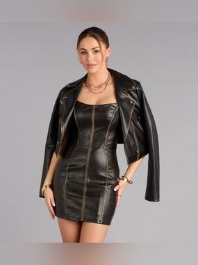 NEW Windsor Arlowe Faux Leather Bodycon Mini Dress Brown Medium